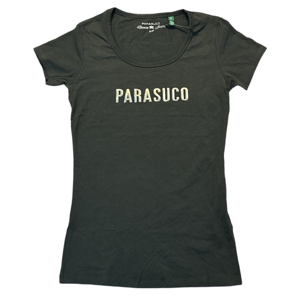 Y2K PARASUCO women's black and silver raised print slim fit graphic tee, S.